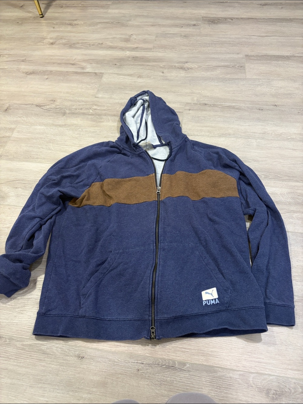 Puma Men's Navy Zip-Up Hoodie with Brown Chest Band